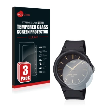 Front side of a product packaging with the brand logo Savvies. Next to it is the device Casio Unisex MW-240 shown with the cor