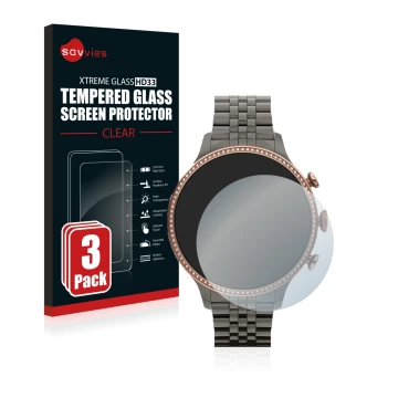 Front side of a product packaging with the brand logo Savvies. Next to it is the device Fossil Gen 6 (42mm) shown with the cor