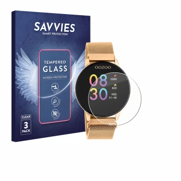 Front side of a product packaging with the brand logo Savvies. Next to it is the device Oozoo Q00117 shown with the correspond