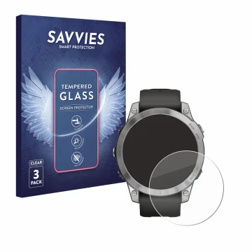 Front side of a product packaging with the brand logo Savvies. Next to it is the device Garmin Fenix 7 (47 mm) shown with the 