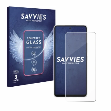 Front side of a product packaging with the brand logo Savvies. Next to it is the device Samsung Galaxy A53 5G shown with the c