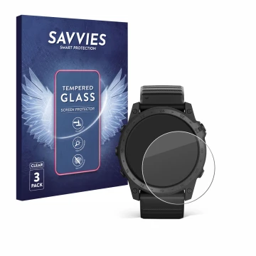 Front side of a product packaging with the brand logo Savvies. Next to it is the device Garmin Tactix 7 Pro shown with the cor