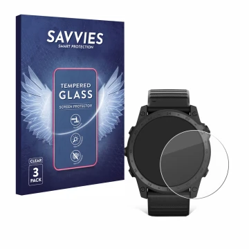 Front side of a product packaging with the brand logo Savvies. Next to it is the device Garmin Tactix 7 Pro Ballistics shown w