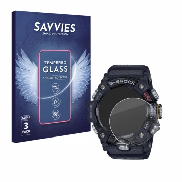Front side of a product packaging with the brand logo Savvies. Next to it is the device Casio G-Shock Mudmaster GG-B100-1AER s