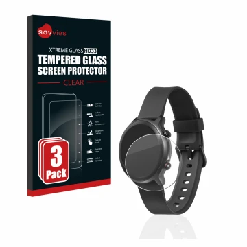 Front side of a product packaging with the brand logo Savvies. Next to it is the device Doro Watch shown with the correspondin