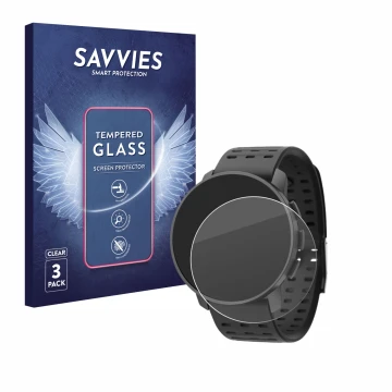 Front side of a product packaging with the brand logo Savvies. Next to it is the device Suunto 9 Peak Pro shown with the corre