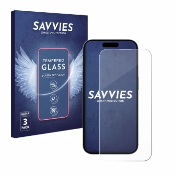 Front side of a product packaging with the brand logo Savvies. Next to it is the device Apple iPhone 15 shown with the corresp