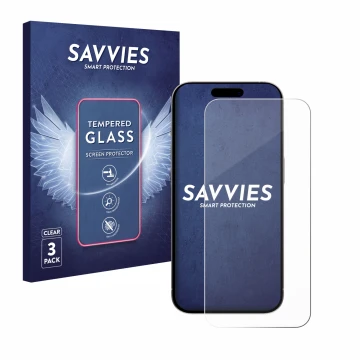 Front side of a product packaging with the brand logo Savvies. Next to it is the device Apple iPhone 15 Pro shown with the cor