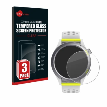 Front side of a product packaging with the brand logo Savvies. Next to it is the device Huami Amazfit Cheetah shown with the c