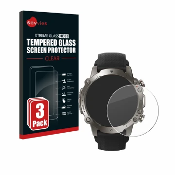 Front side of a product packaging with the brand logo Savvies. Next to it is the device Huami Amazfit Falcon shown with the co