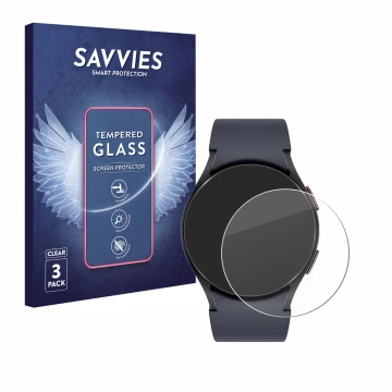 Front side of a product packaging with the brand logo Savvies. Next to it is the device Samsung Galaxy Watch 6 (44 mm) shown w