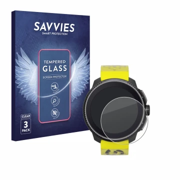 Front side of a product packaging with the brand logo Savvies. Next to it is the device Suunto Race shown with the correspondi