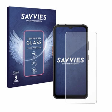 Front side of a product packaging with the brand logo Savvies. Next to it is the device Samsung Galaxy XCover 7 shown with the