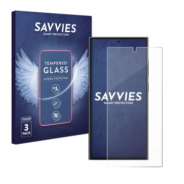 Front side of a product packaging with the brand logo Savvies. Next to it is the device Samsung Galaxy S24 Ultra shown with th