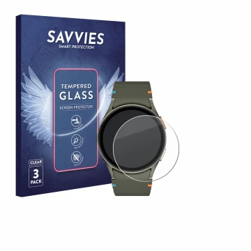 Front side of a product packaging with the brand logo Savvies. Next to it is the device Samsung Galaxy Watch 7 (40 mm) shown w