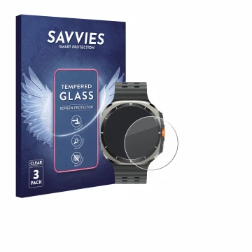 Front side of a product packaging with the brand logo Savvies. Next to it is the device Samsung Galaxy Watch Ultra (47 mm) sho