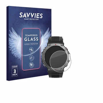 Front side of a product packaging with the brand logo Savvies. Next to it is the device Huami Amazfit T-Rex 3 shown with the c