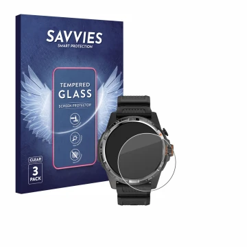 Front side of a product packaging with the brand logo Savvies. Next to it is the device Mobvoi Ticwatch Atlas shown with the c