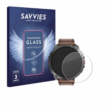 Front side of a product packaging with the brand logo Savvies. Next to it is the device Polar Grit X2 Pro Titan shown with the