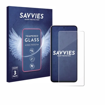 Front side of a product packaging with the brand logo Savvies. Next to it is the device Samsung Galaxy A56 5G shown with the c
