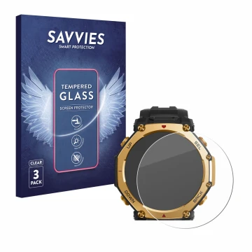 Front side of a product packaging with the brand logo Savvies. Next to it is the device Huami Amazfit T-Rex 3 Pro (48 mm) show