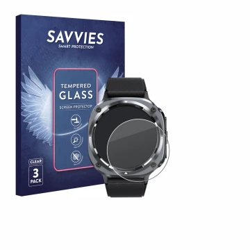 Front side of a product packaging with the brand logo Savvies. Next to it is the device TIMU S90 1.45