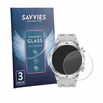Front side of a product packaging with the brand logo Savvies. Next to it is the device FitVigor Smartwatch 1.53