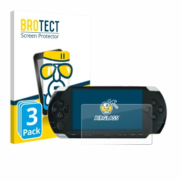 Front side of a product packaging with the brand logo BROTECT. Next to it is the device Sony PSP 1000 shown with the correspon