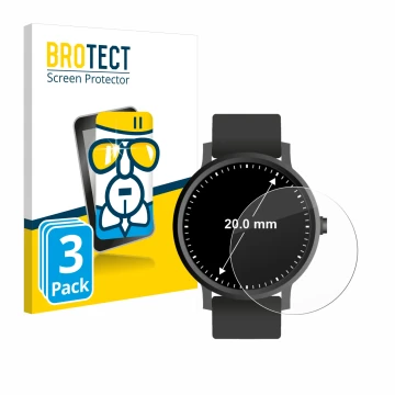 Front side of a product packaging with the brand logo BROTECT. Next to it is the device Watches (Circular, ø: 20 mm) shown wit