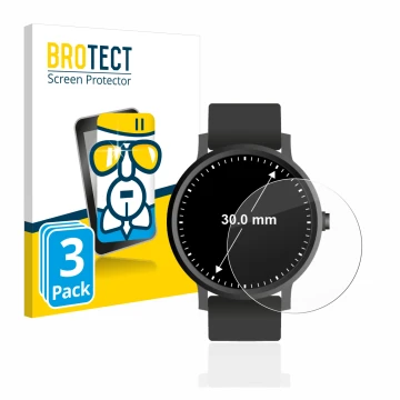 Front side of a product packaging with the brand logo BROTECT. Next to it is the device Watches (Circular, ø: 30 mm) shown wit