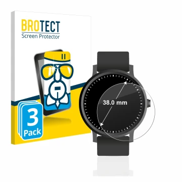 Front side of a product packaging with the brand logo BROTECT. Next to it is the device Watches (Circular, ø: 38 mm) shown wit