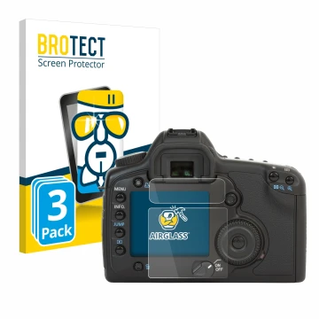 Front side of a product packaging with the brand logo BROTECT. Next to it is the device Canon EOS 5D shown with the correspond
