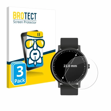 Front side of a product packaging with the brand logo BROTECT. Next to it is the device Watches (Circular, ø: 23 mm) shown wit