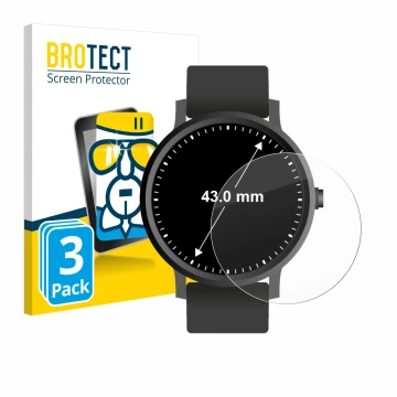 Front side of a product packaging with the brand logo BROTECT. Next to it is the device Watches (Circular, ø: 43 mm) shown wit