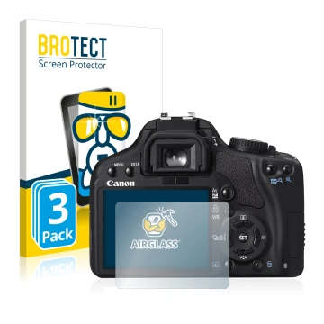 Front side of a product packaging with the brand logo BROTECT. Next to it is the device Canon EOS 450D shown with the correspo