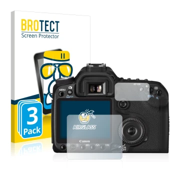 Front side of a product packaging with the brand logo BROTECT. Next to it is the device Canon EOS 50D shown with the correspon