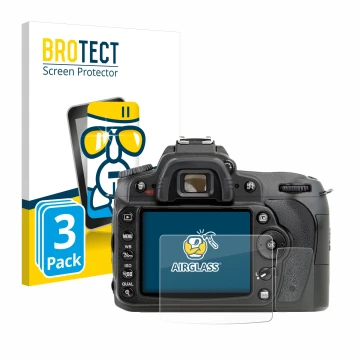 Front side of a product packaging with the brand logo BROTECT. Next to it is the device Nikon D90 shown with the corresponding
