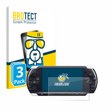 Front side of a product packaging with the brand logo BROTECT. Next to it is the device Sony PSP 3000 shown with the correspon