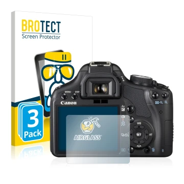Front side of a product packaging with the brand logo BROTECT. Next to it is the device Canon EOS 500D shown with the correspo