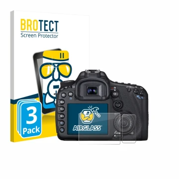 Front side of a product packaging with the brand logo BROTECT. Next to it is the device Canon EOS 7D shown with the correspond