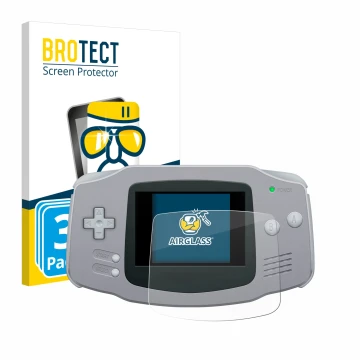 Front side of a product packaging with the brand logo BROTECT. Next to it is the device Nintendo Gameboy Advance GBA shown wit