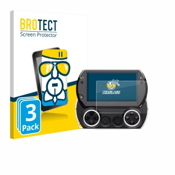 Front side of a product packaging with the brand logo BROTECT. Next to it is the device Sony PSP Go shown with the correspondi