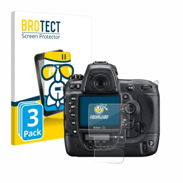Front side of a product packaging with the brand logo BROTECT. Next to it is the device Nikon D3S shown with the corresponding