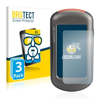 Front side of a product packaging with the brand logo BROTECT. Next to it is the device Garmin Oregon 450 shown with the corre