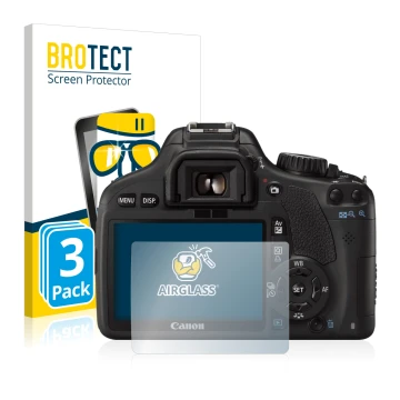 Front side of a product packaging with the brand logo BROTECT. Next to it is the device Canon EOS 550D shown with the correspo