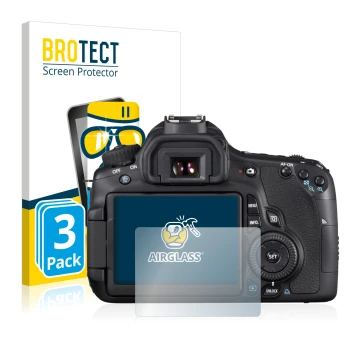 Front side of a product packaging with the brand logo BROTECT. Next to it is the device Canon EOS 60D shown with the correspon