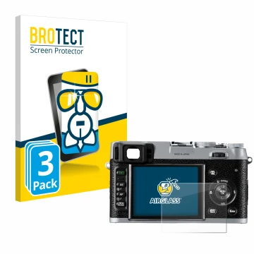 Front side of a product packaging with the brand logo BROTECT. Next to it is the device Fujifilm FinePix X100 shown with the c