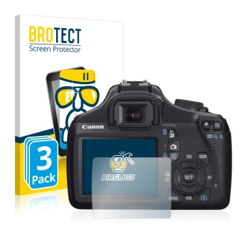 Front side of a product packaging with the brand logo BROTECT. Next to it is the device Canon EOS 1100D shown with the corresp