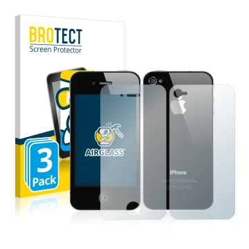 Front side of a product packaging with the brand logo BROTECT. Next to it is the device Apple iPhone 4S (Front+Back) shown wit