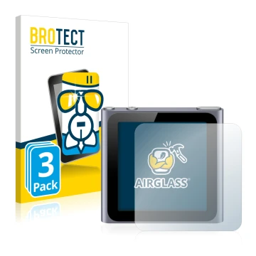 Front side of a product packaging with the brand logo BROTECT. Next to it is the device Apple iPod nano 2011 (6th. Gen.) shown